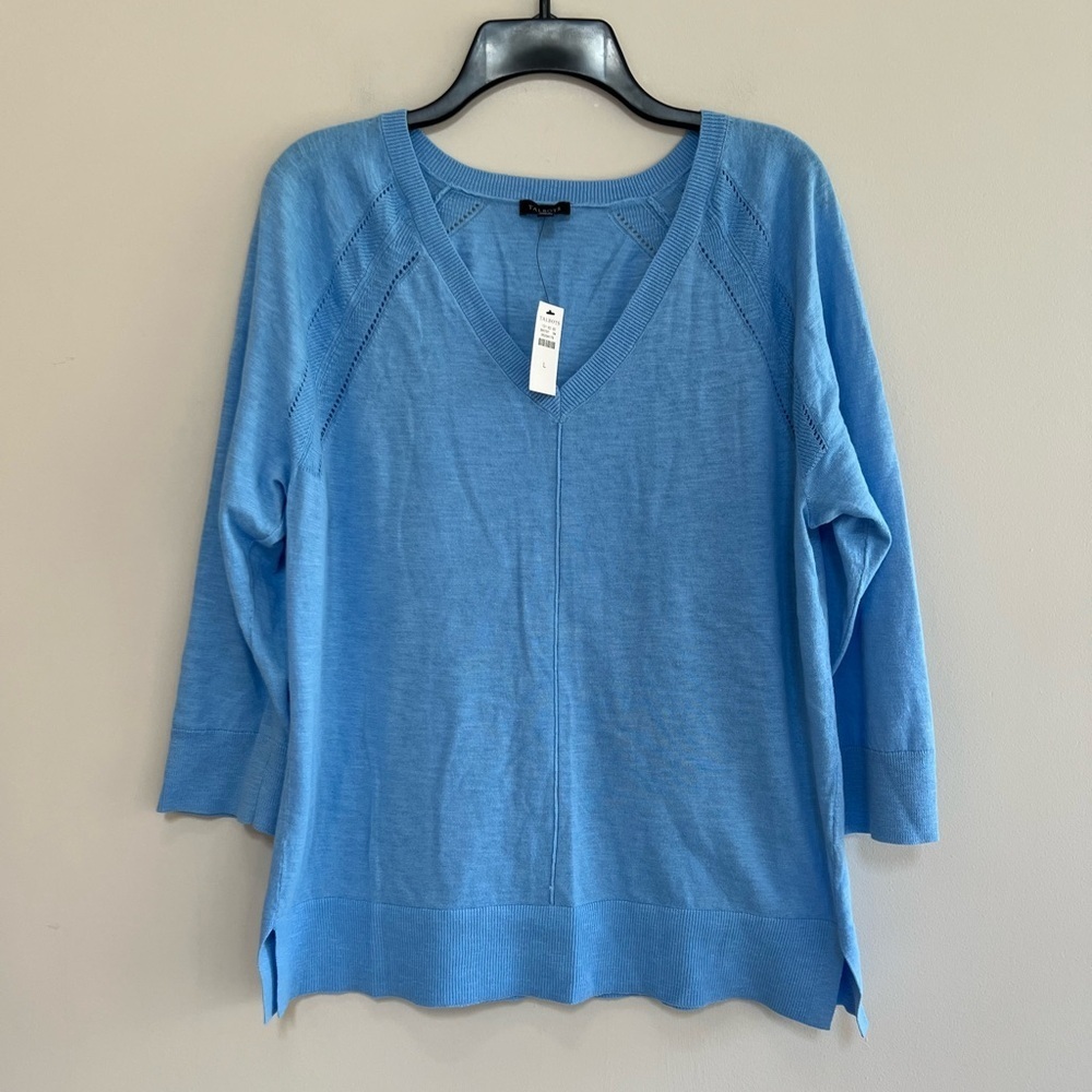 Talbots NWT V-Neck 100% Cotton 3/4 Sleeve Pullover Sweater Robins Egg Blue Large